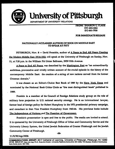 Nationally Acclaimed Author Of Book On Middle East To Speak At Pitt