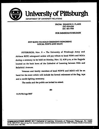 Pitt ROTC To Hold Ceremony Honoring Local POW's And MIA's