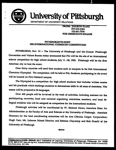 Pittsburgh To Host 1992 International Chemistry Competition