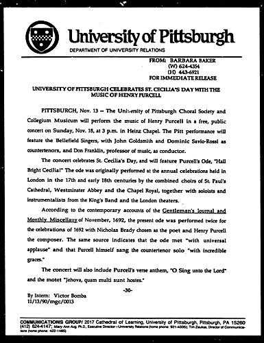 University Of Pittsburgh Celebrates St. Cecilia's Day With The Music Of Henry Purcell