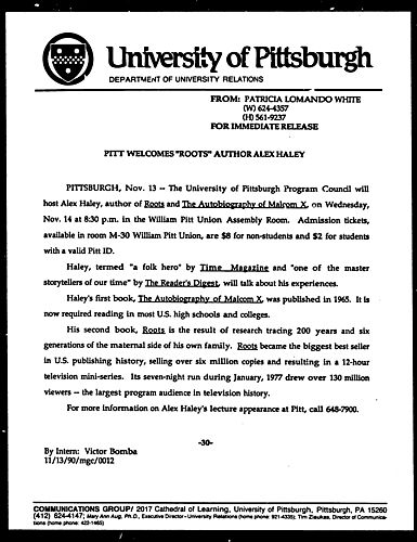 Pitt Welcomes "Roots" Author Alex Haley