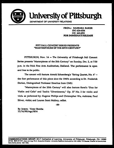 Pitt Fall Concert Series Presents "Masterpieces Of The 20th Century"