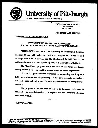 Pitt's Smoking Research Group Offers American Cancer Society's "Freshstart" Program