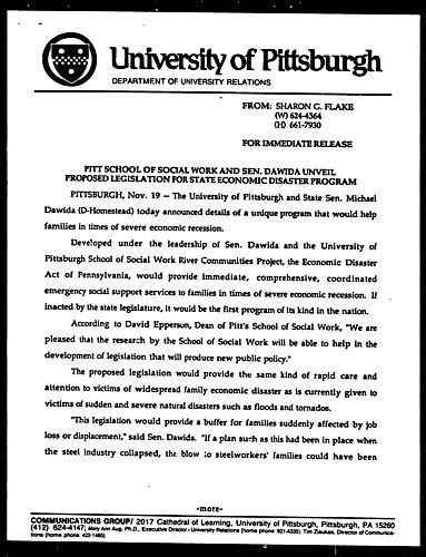 Pitt School Of Social Work And Sen. Dawida Unveil Proposed Legislation For State Economic Disaster Program