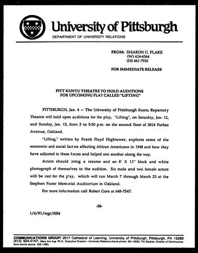 Pitt Kuntu Theatre To Hold Auditions For Upcoming Play Called "Lifting"