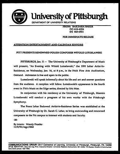 Pitt Presents Renowned Polish Composer Witold Lutoslawski