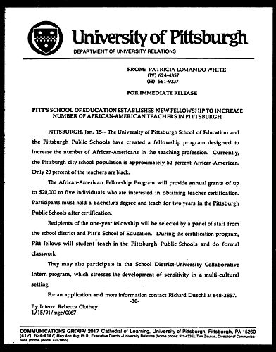 Pitt's School Of Education Establishes New Fellowship To Increase Number Of African-American Teachers In Pittsburgh