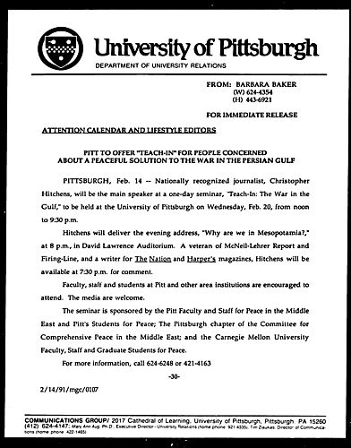 Pitt To Offer "Teach-In" For People Concerned About A Peaceful Solution To the War In The Persian Gulf