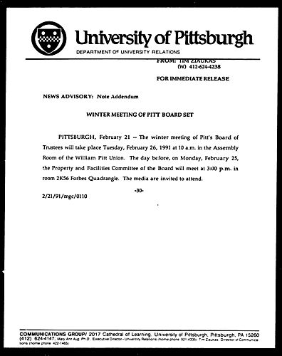 Winter Meeting Of Pitt Board Set