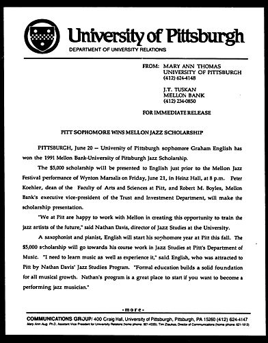 Pitt Sophomore Wins Mellon Jazz Scholarship