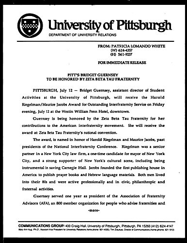 Pitt's Bridget Guernsey To Be Honored By Zeta Beta Tau Fraternity