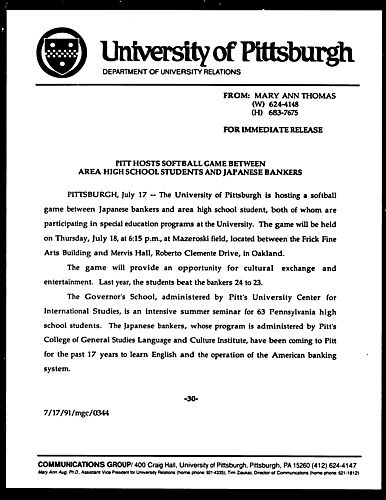 Pitt Hosts Softball Game Between Area High School Students And Japanese Bankers