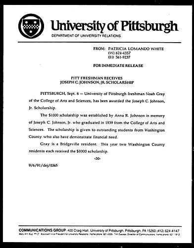 Pitt Freshman Receives Joseph C. Johnson, Jr. Scholarship
