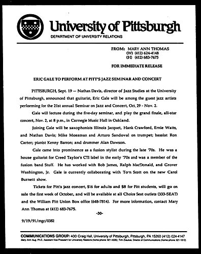 Eric Gale To Perform At Pitt's Jazz Seminar And Concert