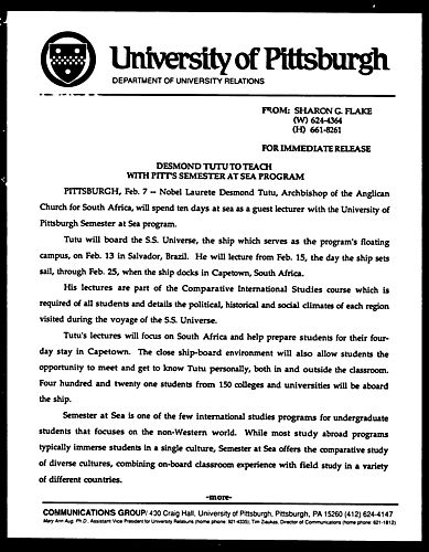 Desmond Tutu to Teach with Pitt''s Semester at Sea Program