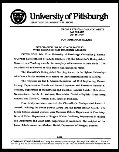 Pitt Chancellor to Honor Faculty with Research and Teaching Awards
