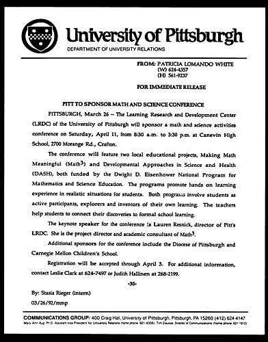 Pitt to Sponsor Math and Science Conference