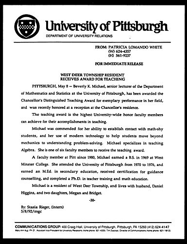 West Deer Township Resident Receives Award for Teaching