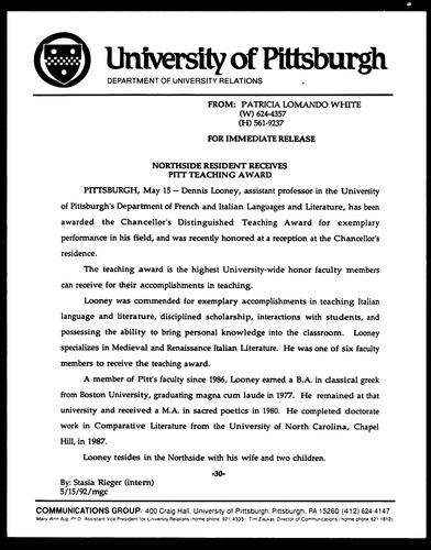 Northside Resident Receives Pitt Teaching Award