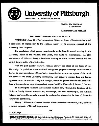 Pitt Board Thanks Hillman Family