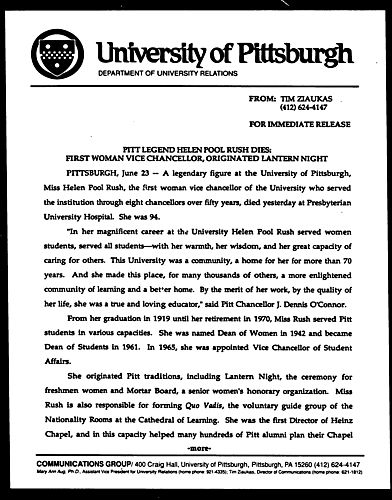 Pitt Legend Helen Pool Rush Dies: First Woman Vice Chancellor, Originated Lantern Night