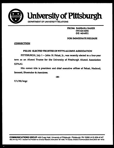 Correction: Pelusi Elected Trustee of Pitt's Alumni Association