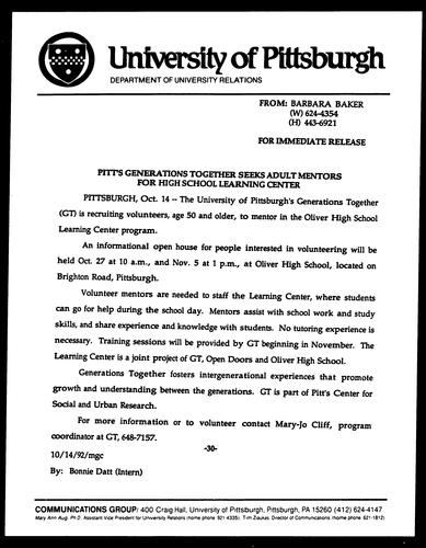 Pitts Generations Together Seeks Adult Mentors for High School leaning Center