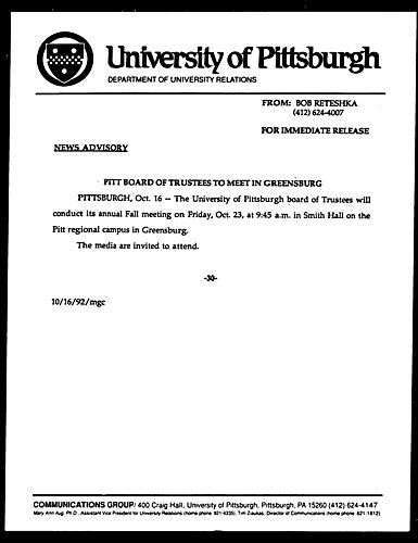 Pitt Board of Trustees to Meet in Greensburg