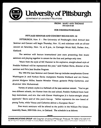 Pitt Jazz Seminar and Concert Begins Nov. 12