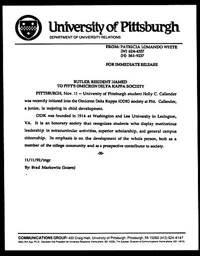 Butler Resident Named to Pitt Omicron Delta Kappa Society