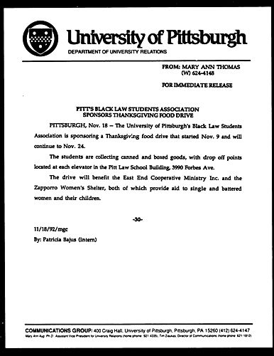 Pitts Black Law Students Association Sposors Thansgiving Food Drive
