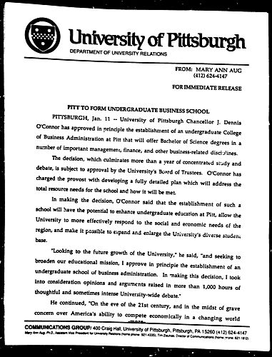 Pitt to Form Undergraduate Business School