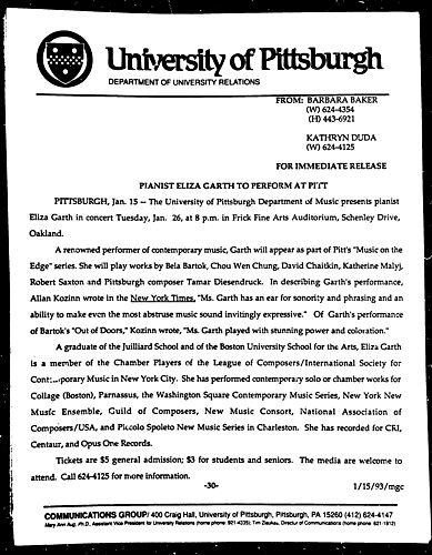 Pianist Eliza Garth to Perform at Pitt