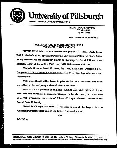 Publisher Haki R. Madhubuti to Speak for Black History Month