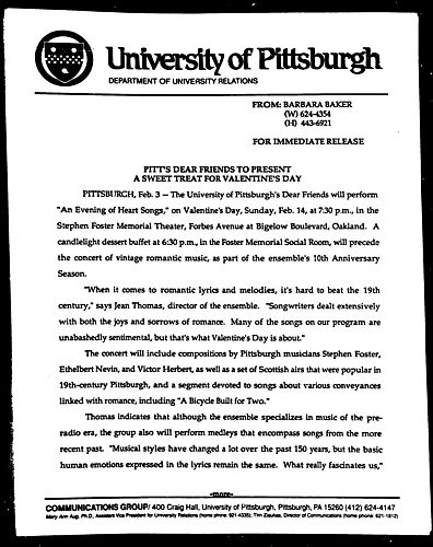 Pitt's Dear Friends to Present a Sweet Treat for Valentine's Day