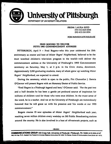 Fred Rogers to Deliver Pitt's 1993 Commencement Address
