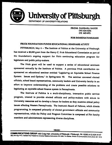 Frick Foundation Funds Educational Seminars at Pitt