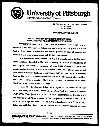 Pitt's Franklin Toker Named President for Society of Architectural Historians