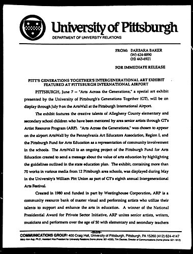 Pitt's Generations Together's Intergenerational Art Exhibit Featured at Pittsburgh International Airport