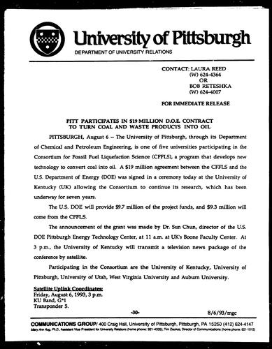 Pitt Participates in $19 Million D.O.E. Contract to Turn Coal and Waste Products into Oil