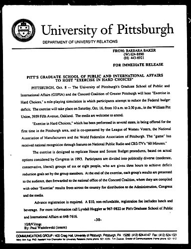 Pitt's Graduate School of Public and International Affairs to Host "Exercise in Hard Choices"