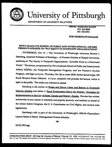 Pitt's Graduate School of Public and International Affairs Presents Speaker on "Pay Equity in Nonprofit Organizations"