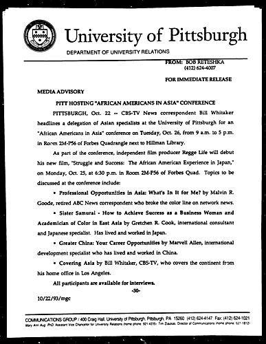 Pitt Hosting "African Americans in Asia" Conference