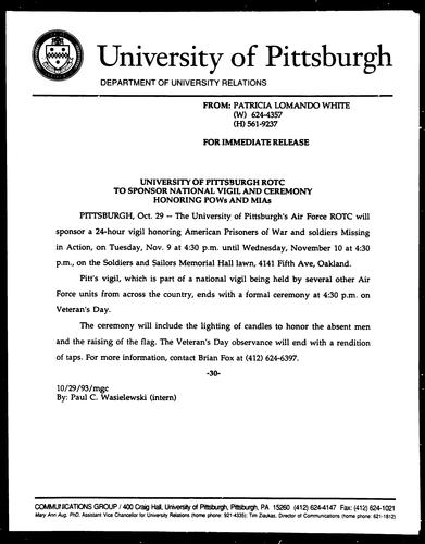 University of Pittsburgh ROTC to Sponsor National Vigil and Ceremony Honoring POWs and MIAs
