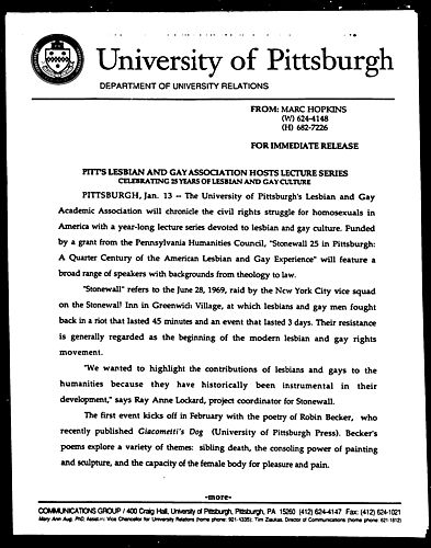 Pitt's Lesbian and Gay Association Host Lecture Series Celebrating 25 Years of Lesbian and Gay Culture