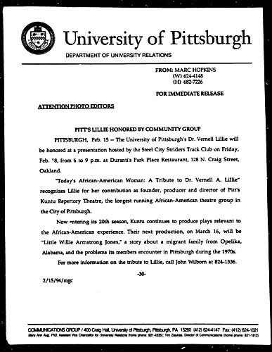 Pitt's Lillie Honored by Community Group