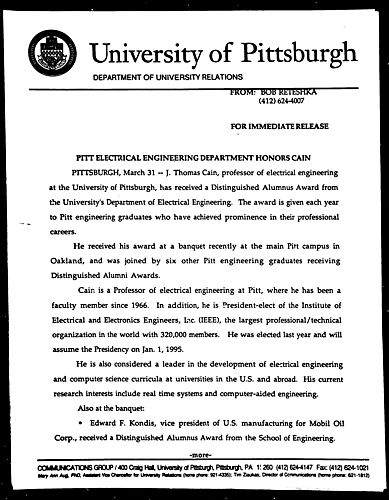 Pitt Electrical Engineering Department Honors Cain