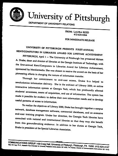 University of Pittsburgh Presents First-Annual Kent/Computers in Libraries Award for Lifetime Achievement