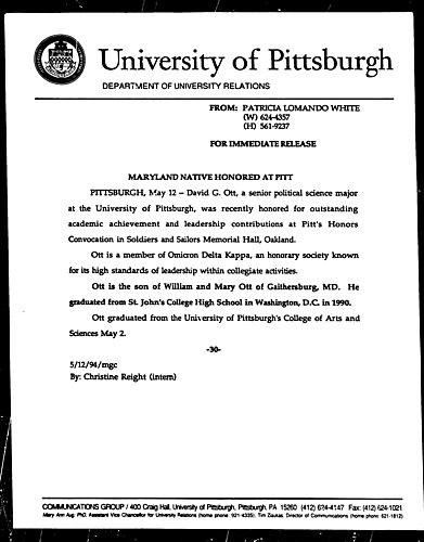 Maryland Native Honored at Pitt