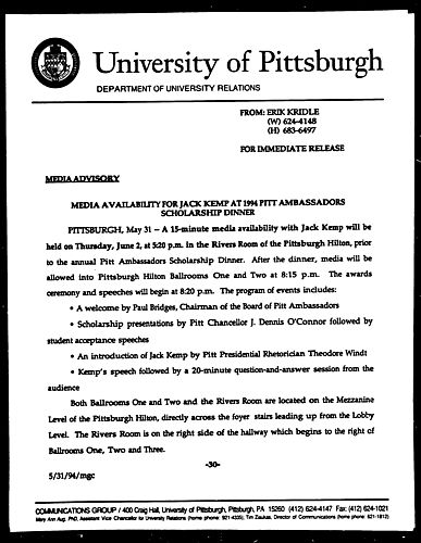 Media Availability for Jack Kemp at 1994 Pitt Ambassadors Scholarship Dinner